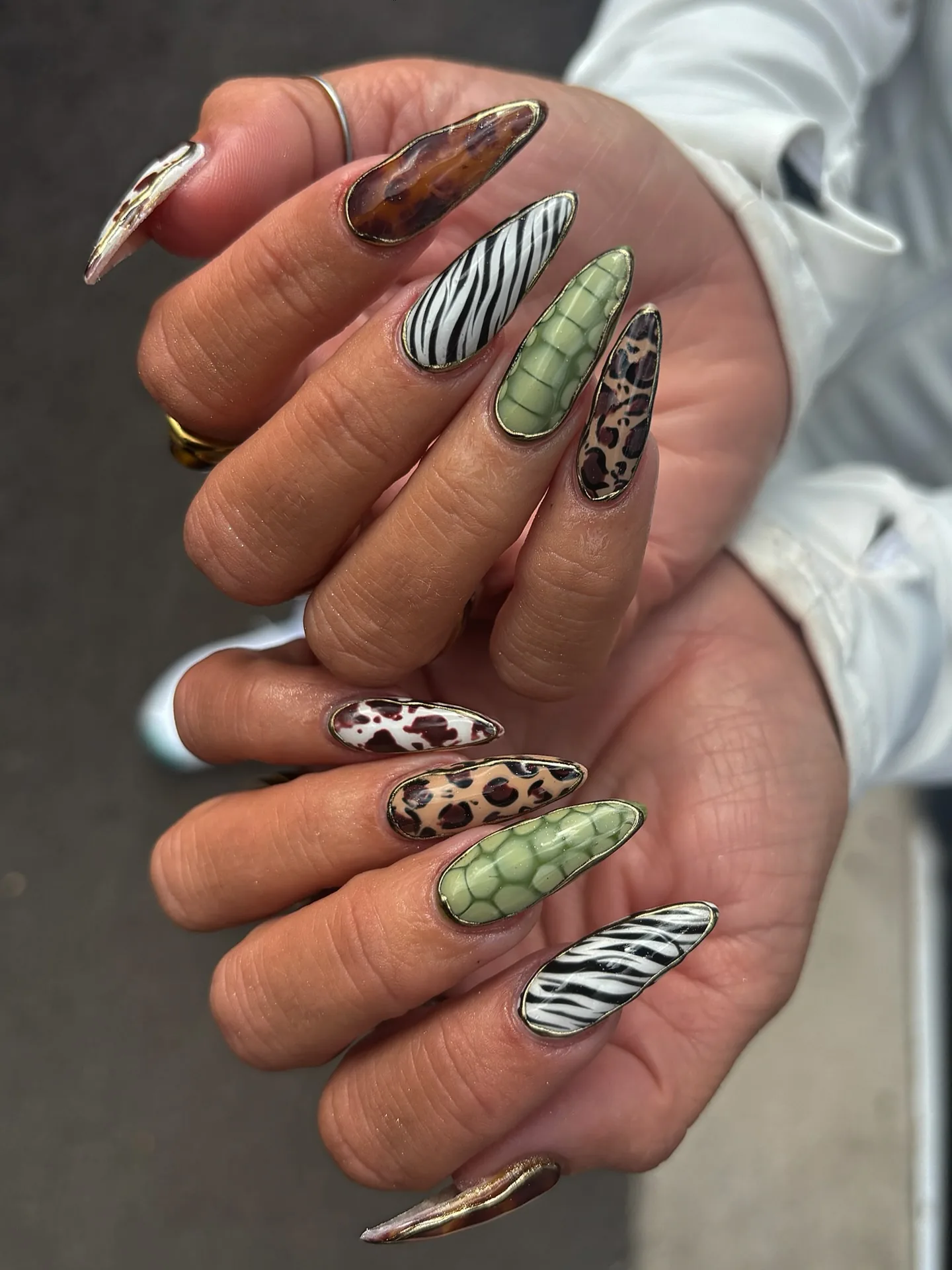 Long almond nails in tortoiseshell, zebra, leopard and green crocodile prints outlined in gold