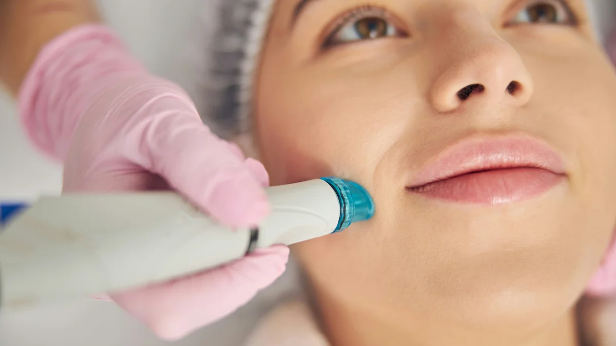 Close-up of a HydraFacial device gliding across a client’s cheek during a treatment in salon