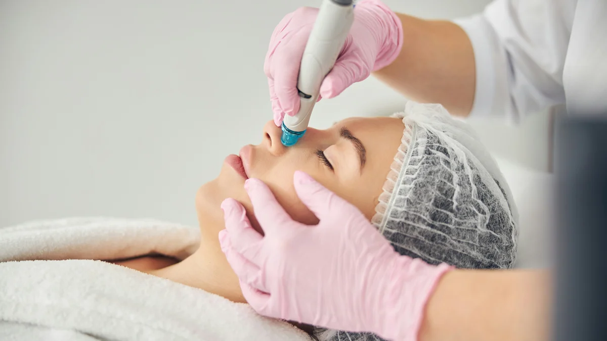 Close-up view of a woman during a HydraFacial treatment as a technician with gloved hands glides the device over her nose