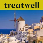 White-washed houses and traditional windmills above the deep blue Aegean in Oia, Santorini, beneath a yellow banner carrying the Treatwell logo.